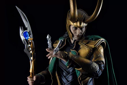 4K Ultra HD desktop wallpaper featuring a detailed man-made Loki figurine from Marvel Comics, holding a staff with a blue gem against a dark background.