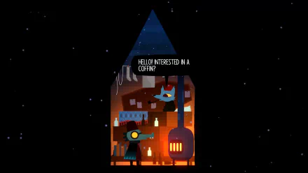 HD desktop wallpaper and background featuring a scene from Night in the Woods with character Mae in a dimly lit room, text overhead: HELLO? INTERESTED IN A COFFIN?