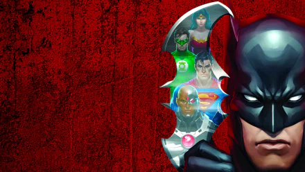 HD desktop wallpaper featuring Batman in the foreground with Green Lantern, Wonder Woman, Hal Jordan, Cyborg, and Superman from the Justice League: Doom movie against a red textured background.