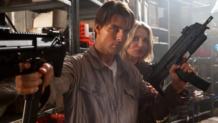 HD PC desktop wallpaper showing two armed characters in an intense action scene from the movie Knight and Day.