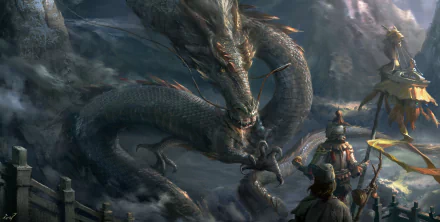 A detailed 4K Ultra HD oriental fantasy wallpaper featuring a majestic dragon confronting armored warriors in a misty, dramatic landscape.