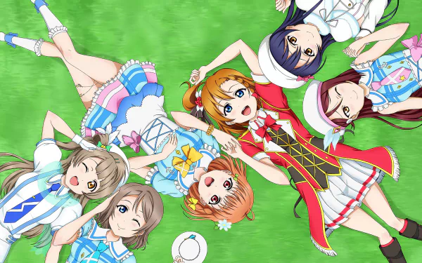 This HD desktop wallpaper features characters Chika Takami, You Watanabe, Riko Sakurauchi, Umi Sonoda, Kotori Minami, and Honoka Kousaka from the anime Love Live! Sunshine!!.