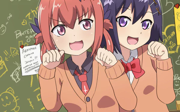 Satanichia Kurumizawa McDowell and Vignette Tsukinose April from the anime Gabriel DropOut share a cheerful moment, set against a colorful, doodle-filled background.