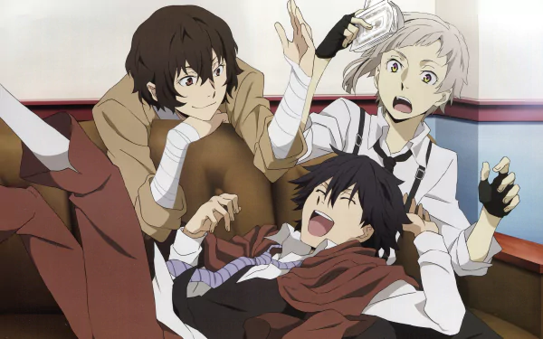 HD desktop wallpaper featuring three characters from the anime Bungou Stray Dogs, engaged in a lively and playful moment.