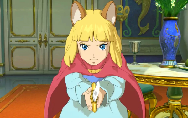 HD wallpaper from Ni no Kuni II: Revenant Kingdom featuring an animated character with blond hair and cat ears, wearing a red cape.