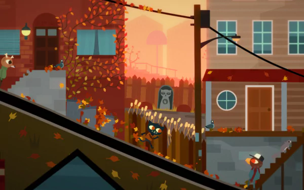 HD desktop wallpaper featuring a scene from Night in the Woods with autumn vibes, character silhouettes, and houses.