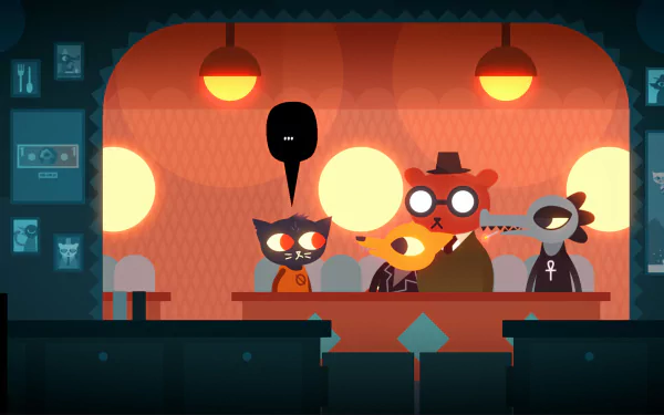 HD desktop wallpaper featuring characters from Night in the Woods in a stylized room with warm lighting.