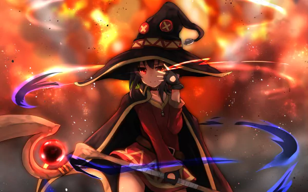 HD wallpaper of Megumin from the anime KonoSuba - God’s Blessing on this Wonderful World!!, featuring her in dynamic and vibrant colors with a background of fiery explosions.