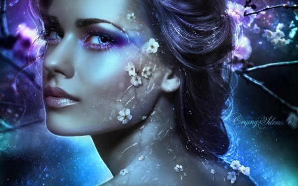 Fantasy Women Purple Blossom Face Blue Eyes HD Wallpaper | Background Image
