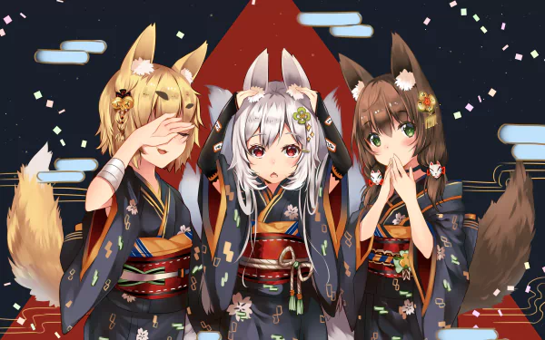 Anime-style original HD desktop wallpaper featuring three fox-eared girls dressed in traditional kimonos with colorful confetti against a dark backdrop.