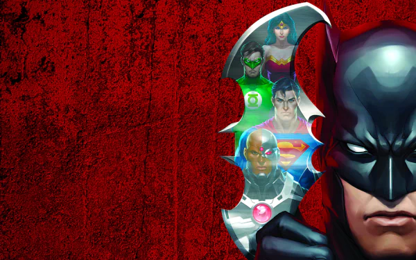 HD desktop wallpaper featuring Batman in the foreground with Green Lantern, Wonder Woman, Hal Jordan, Cyborg, and Superman from the Justice League: Doom movie against a red textured background.