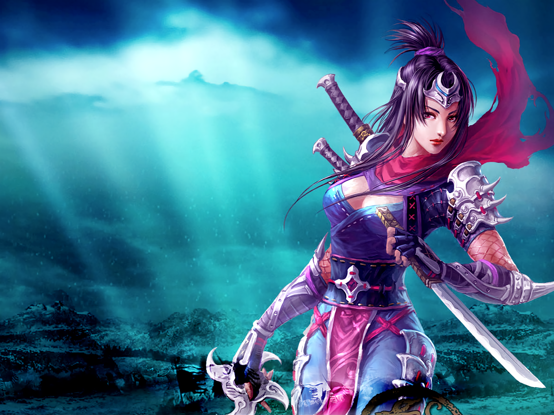 HD fantasy PC wallpaper featuring a fierce woman warrior with purple hair, glowing pink eyes, and dual katanas, set against a mystical underwater backdrop.