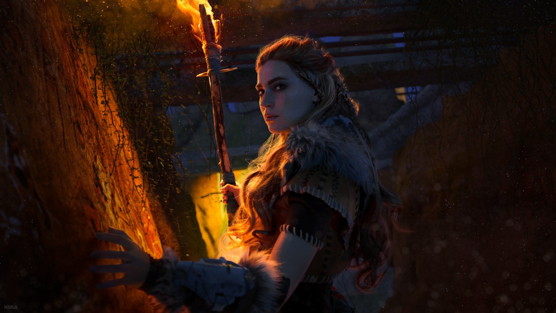 A stunning HD desktop wallpaper featuring a woman cosplaying as Aloy from Horizon Zero Dawn, set against a dimly lit background, holding a torch and looking back with determination.