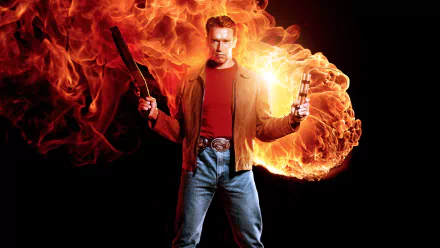HD PC desktop wallpaper of an action star from the movie Last Action Hero — rugged man in jacket holding a shotgun and grenade with a blazing fireball backdrop.