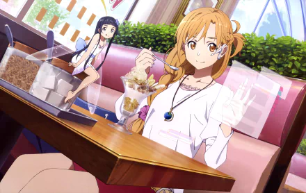 Asuna Yuuki and Yui from Sword Art Online: Ordinal Scale enjoy a treat at a cozy restaurant. This HD wallpaper captures a charming moment from the anime movie.