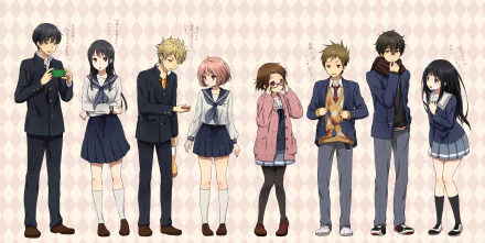 HD anime desktop wallpaper featuring a crossover of Hōtarō Oreki, Mitsuki Nase, Hiroomi Nase, Mirai Kuriyama, Akihito Kanbara, Mayaka Ibara, Satoshi Fukube, and Eru Chitanda.