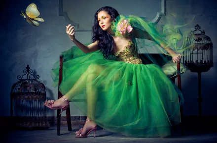lipstick brunette green dress butterfly birdcage woman model HD Desktop Wallpaper | Background Image
