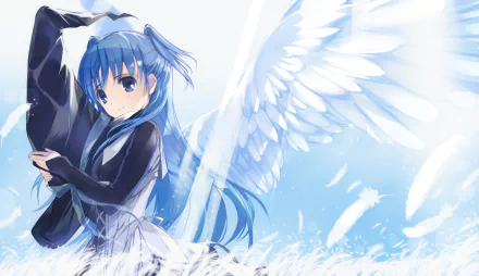 Anime HD wallpaper featuring Chtholly Nota Seniorious from SukaSuka. The character has long blue hair, white wings, and is surrounded by feathers against a light, cloudy background.