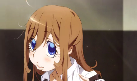 Close-up anime portrait of Viktoriya Ivanovna Serebryakov from The Saga of Tanya the Evil — soft-lit 4K Ultra HD PC desktop background with brown hair and large blue eyes.