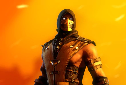 A high-definition wallpaper of Scorpion from Mortal Kombat X, depicting the ninja warrior with glowing white eyes, wearing a mask and hood, set against a fiery orange background.