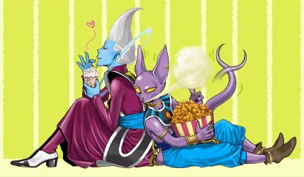 HD wallpaper featuring Beerus and Whis from Dragon Ball Super anime, with Beerus enjoying popcorn and Whis sipping a dessert, set against a striped green background.