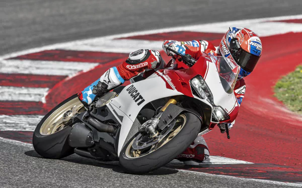 Rider on a white-and-red Ducati 1299 leaning into a racetrack corner; dynamic 4K Ultra HD PC desktop wallpaper of a Ducati motorcycle in motion.