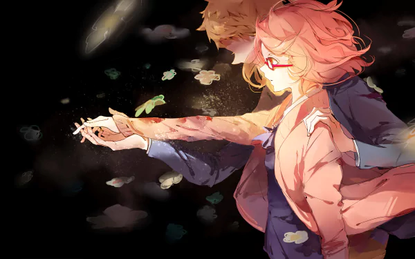HD desktop wallpaper featuring Mirai Kuriyama and Akihito Kanbara from the anime Beyond the Boundary. They are depicted in a dramatic, glowing scene with a dark background.