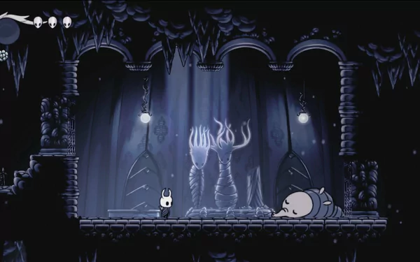 A captivating HD desktop wallpaper from the video game Hollow Knight, featuring the iconic character in a shadowy, atmospheric underground setting with eerie lighting.