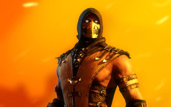 A high-definition wallpaper of Scorpion from Mortal Kombat X, depicting the ninja warrior with glowing white eyes, wearing a mask and hood, set against a fiery orange background.
