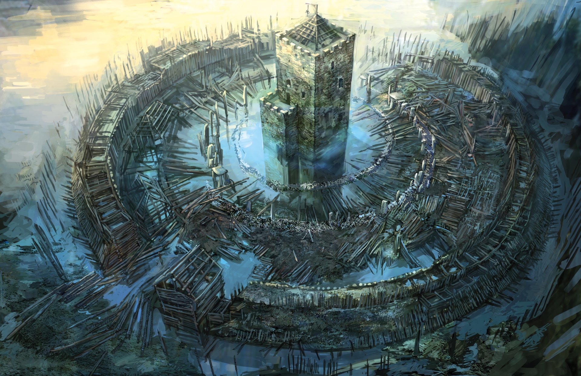 4K Ultra HD PC desktop wallpaper depicting a fortified, circular wooden structure from the video game The Witcher 3: Wild Hunt.