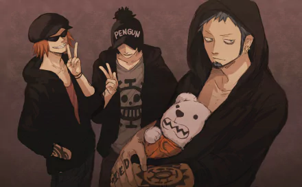 An HD desktop wallpaper featuring Penguin, Shachi, Bepo, and Trafalgar Law from the anime One Piece. The characters are together in a relaxed setting with a dark, muted background.