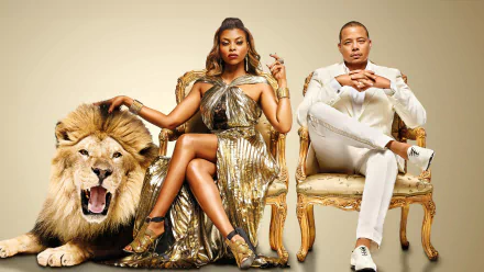 HD desktop wallpaper featuring two characters from the TV show Empire seated on ornate chairs, with a majestic lion resting beside them.