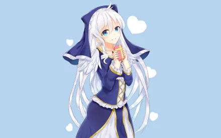 HD desktop wallpaper and background featuring Eris from the anime KonoSuba - God’s Blessing on This Wonderful World!! in a charming pose, with a light blue background and white heart motifs.