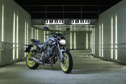 Yamaha MT-07 motorcycle parked in a modern, illuminated tunnel, captured in 4K Ultra HD for a PC desktop wallpaper background.