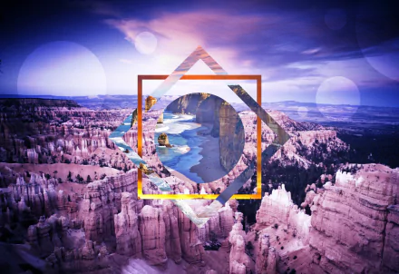 HD PC desktop wallpaper featuring an artistic polyscape vector design overlaying a mountain landscape bathed in purple and blue tones.