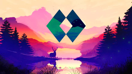 HD desktop wallpaper featuring a scenic polyscape from the video game Firewatch. A serene landscape with vibrant colors, silhouettes of trees, a stag by a calm water body, and geometric shapes at the center.