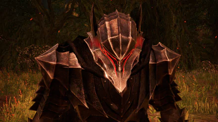 Dark armored figure with glowing red visor, menacing helmet and jagged pauldrons in a forest — Berserk video game 4K Ultra HD PC desktop wallpaper, Band of the Hawk theme.