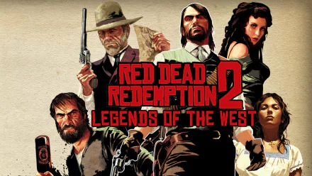 HD desktop wallpaper of Red Dead Redemption 2, featuring Legends of the West art with multiple characters, including gunfighters and outlaws, on a stylized background.