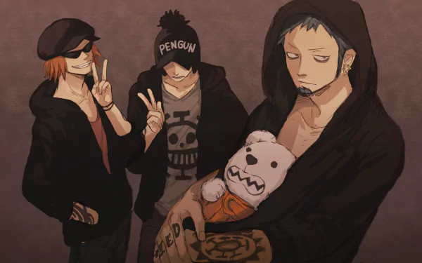 An HD desktop wallpaper featuring Penguin, Shachi, Bepo, and Trafalgar Law from the anime One Piece. The characters are together in a relaxed setting with a dark, muted background.