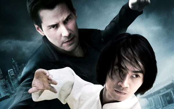 HD desktop wallpaper featuring Keanu Reeves and a martial artist from the movie Man of Tai Chi in dynamic action poses against a moody cityscape background.