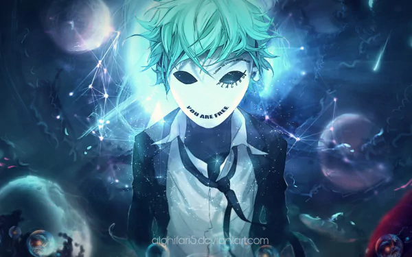 Anime HD PC desktop wallpaper — Fisheye Placebo: teal‑haired masked character in a loosened tie and suit, encircled by glowing bubbles and blue cosmic energy in a fisheye perspective.