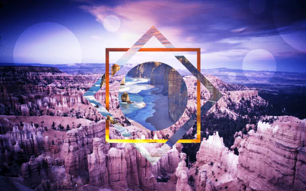 HD PC desktop wallpaper featuring an artistic polyscape vector design overlaying a mountain landscape bathed in purple and blue tones.