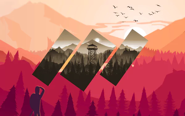 HD desktop wallpaper featuring a Firewatch video game scene with a watchtower and mountains in a polyscape design.