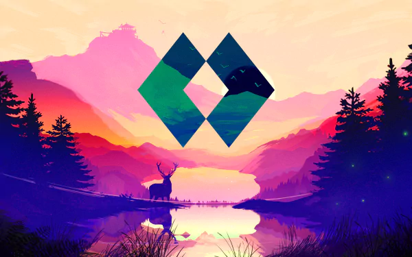 HD desktop wallpaper featuring a scenic polyscape from the video game Firewatch. A serene landscape with vibrant colors, silhouettes of trees, a stag by a calm water body, and geometric shapes at the center.