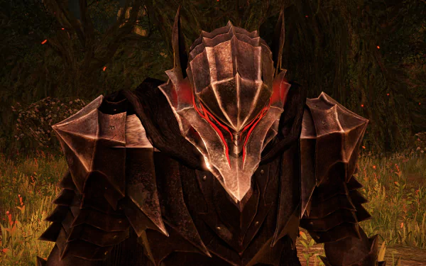 Dark armored figure with glowing red visor, menacing helmet and jagged pauldrons in a forest — Berserk video game 4K Ultra HD PC desktop wallpaper, Band of the Hawk theme.