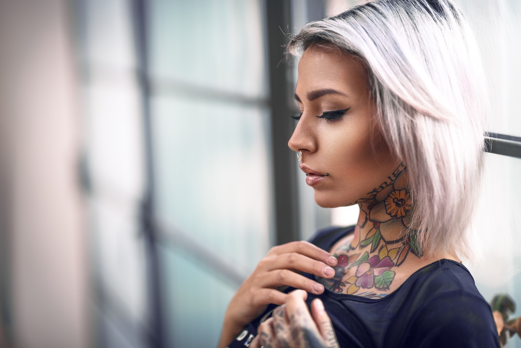 Download White Hair Tattoo Short Hair Model Woman Mood Hd Wallpaper By