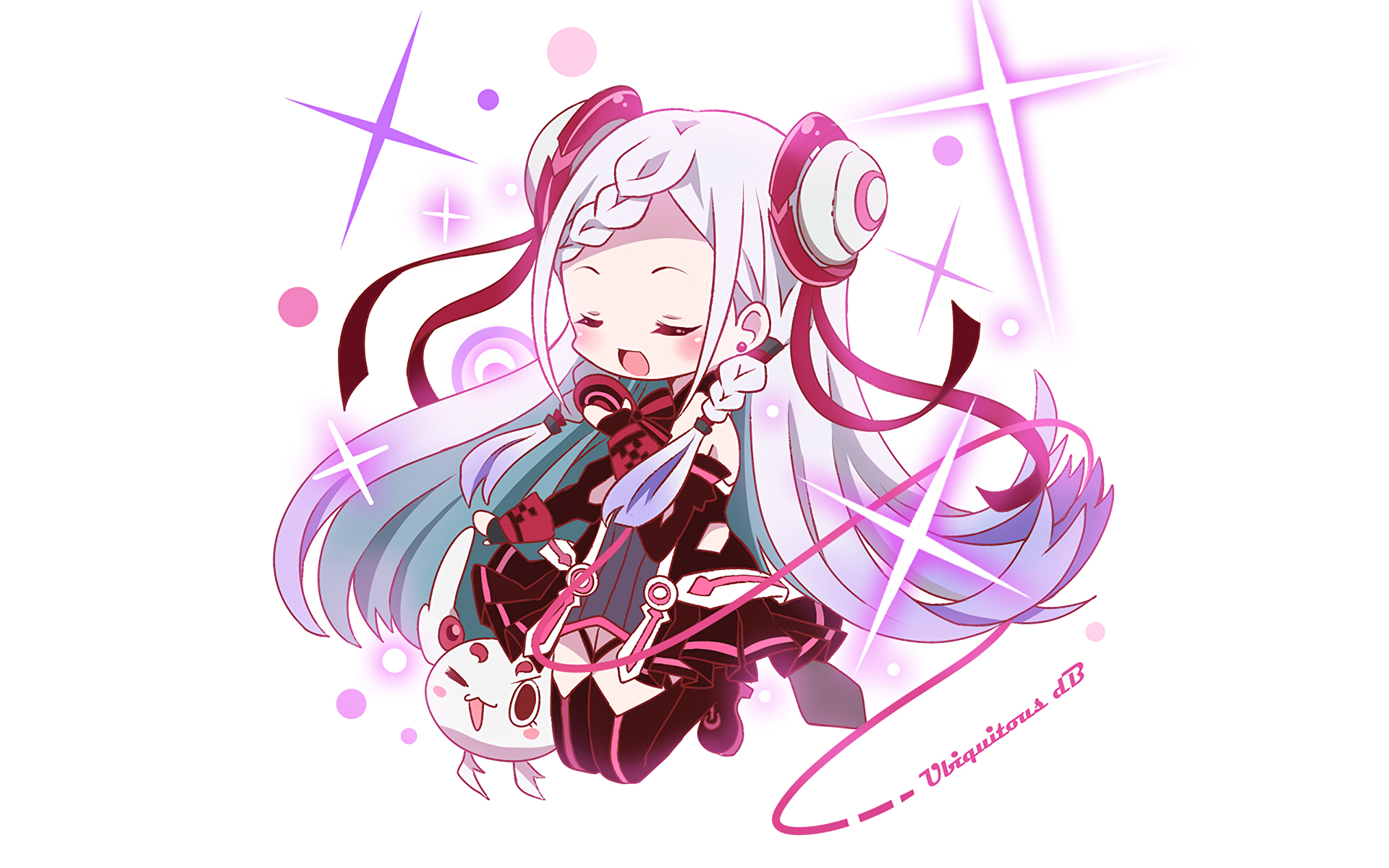 Anime HD PC desktop wallpaper featuring a chibi character from Sword Art Online Movie: Ordinal Scale with pink and purple sparkles and futuristic design elements.
