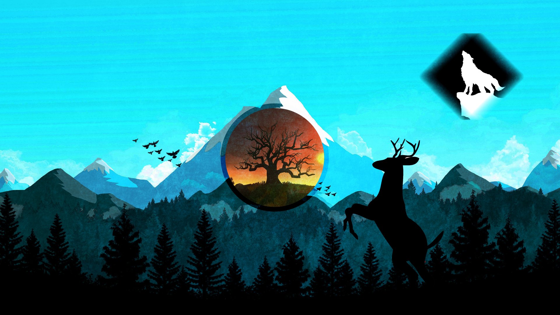 4K Ultra HD polyscape wallpaper featuring scenic mountain shapes, a silhouetted deer, and a glowing tree circle, inspired by the Firewatch video game aesthetic.