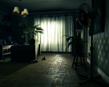 Dying Light video game 2K Quad HD PC desktop wallpaper: dim, abandoned apartment with backlit curtains, scattered shoes, shadowed plants and fan, eerie light on wooden floor.
