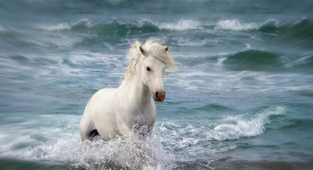 A white horse splashes through ocean waves, showcasing its elegance in this HD desktop wallpaper, capturing the beauty of nature and wildlife.